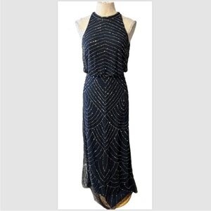 Adrianna Papell Dress Navy Blue Gold 2 Bead Sequins Maxi Formal
